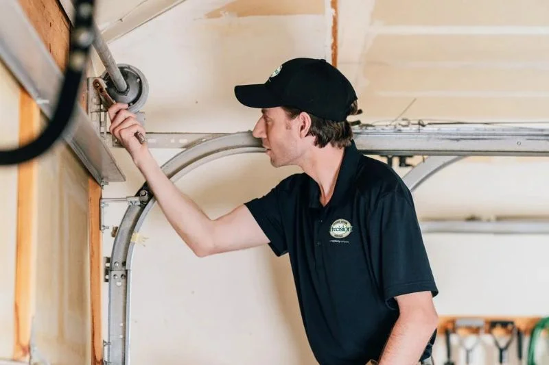 Technician inspecting a garage door